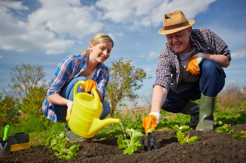A woman and an older man working together in a garden, tending to young vegetable plants in freshly turned soil. The woman, dressed in a checkered shirt and smiling, uses a yellow watering can to water the seedlings. The man, wearing a straw hat, gloves, and casual clothing, is kneeling nearby, carefully tending to the plants. The garden features a neatly prepared bed with dark, rich soil, bordered by grass and small hedge-like plants in the background. The scene is outdoors on a bright day with a partly cloudy blue sky, and a natural landscape of trees and open space can be seen behind them. This image reflects gardening and outdoor maintenance activities typical of residential gardens in Kenton, Portsmouth, with a focus on vegetable garden care that aligns with professional gardening services offered in the area.
